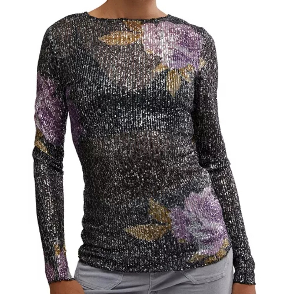 NWT Free People Intimately Top Gold Rush Sequin Floral Mesh Small Black Purple
